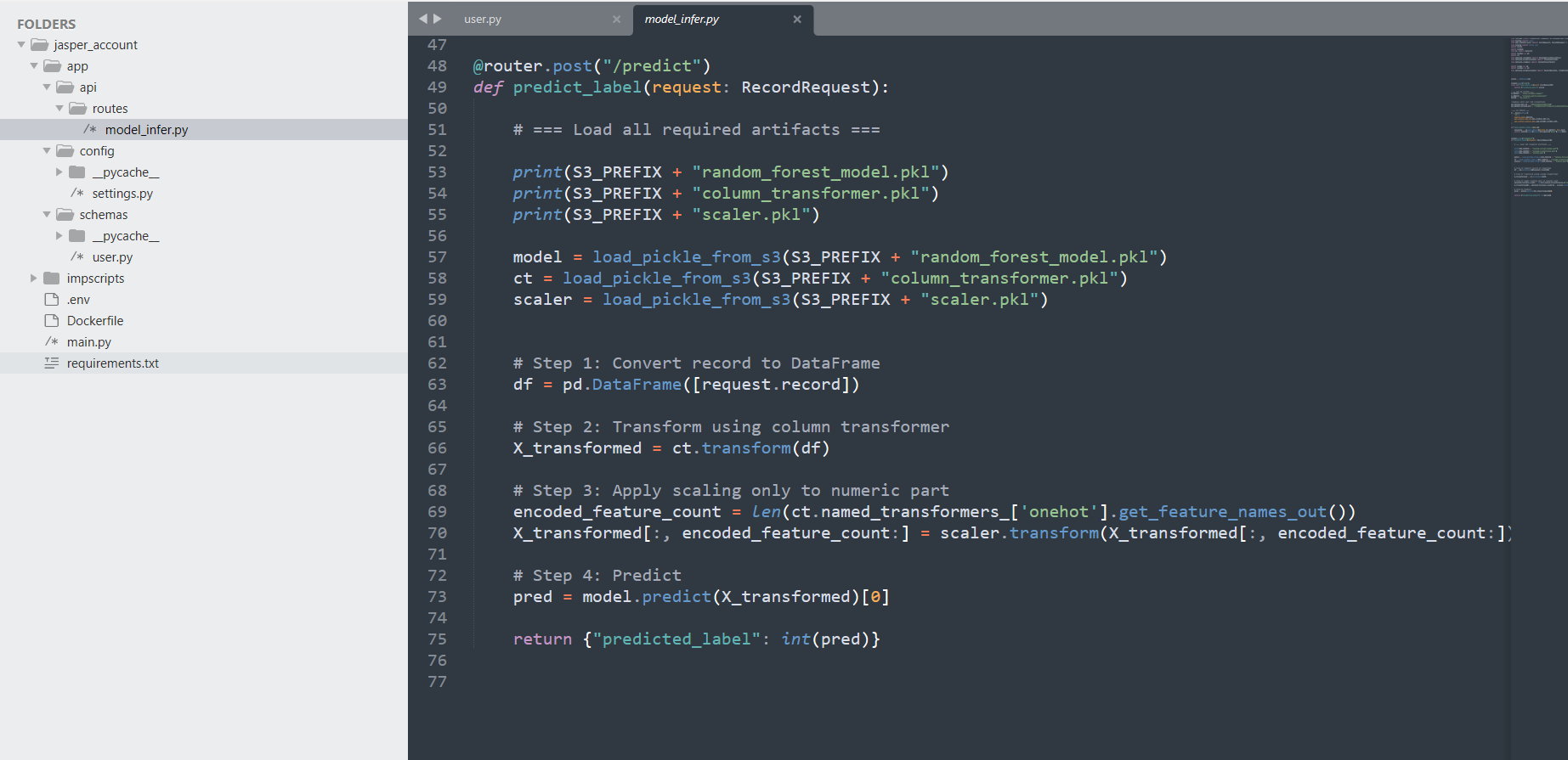 FastAPI codebase showing model_infer.py and routes directory structure