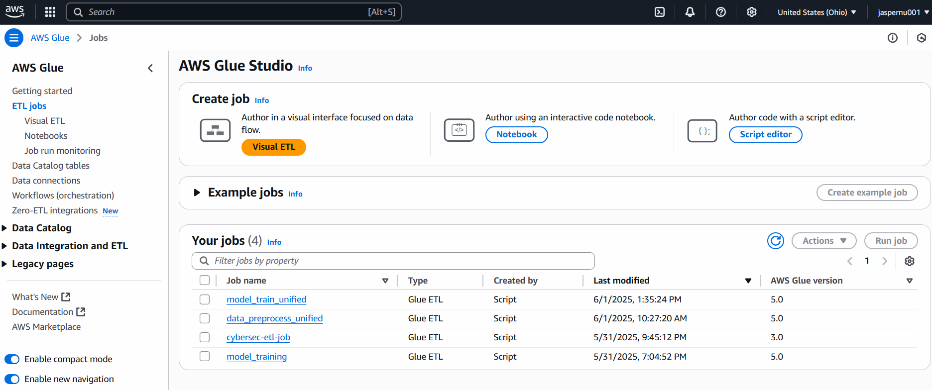 AWS Glue Job Console showing ETL and Model Training jobs